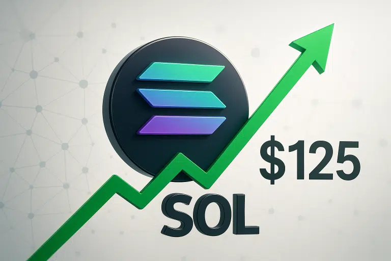 Solana token logo with a bold green upward arrow and “$125” highlighting its price breakout after Coinbase integration.
