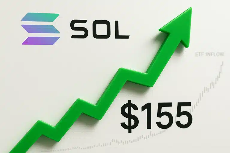 Solana logo with a bold green upward zigzag arrow rising past a price tag of $155 over a faint ETF inflow chart background.