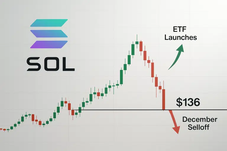 Solana logo next to a candlestick chart showing a price rally to a peak then a sharp drop back to a $136 support line, with a green arrow labeled “ETF Launches” pointing upward and a red arrow labeled “December Selloff” pointing downward.