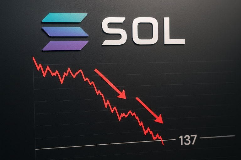 SOL logo above a dark price chart featuring a red, sharply declining line marked by two downward-pointing red arrows, bottoming at the 137 level to illustrate critical support testing.