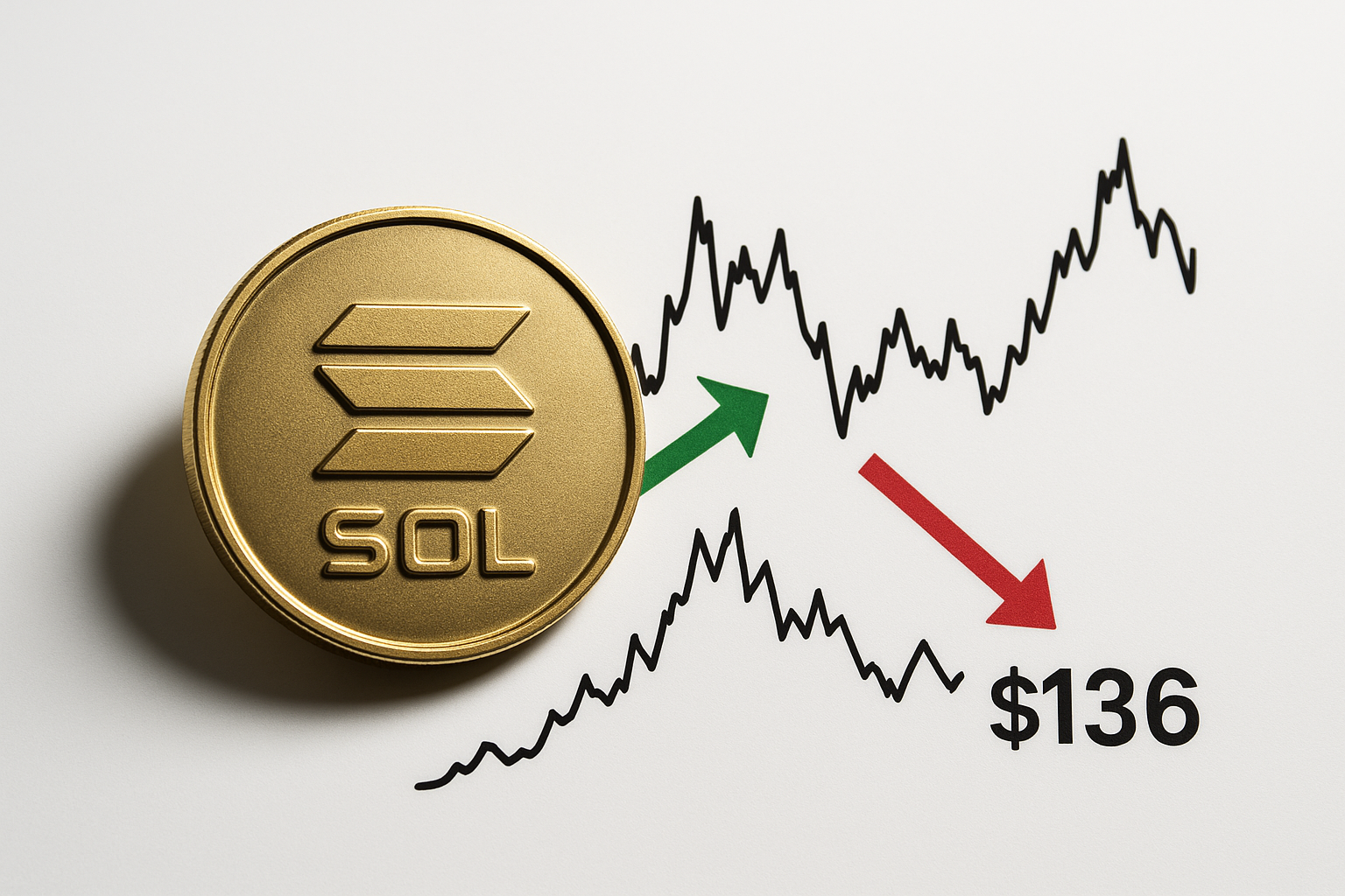 Gold Solana (SOL) coin in front of volatile price charts with a green arrow up and a red arrow down pointing to $136