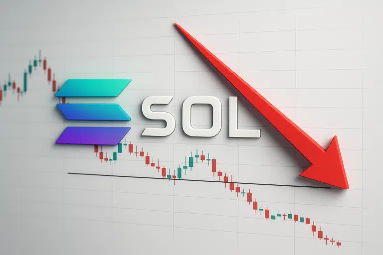 Solana logo with a large red downward arrow over a declining candlestick chart approaching a six-month low line