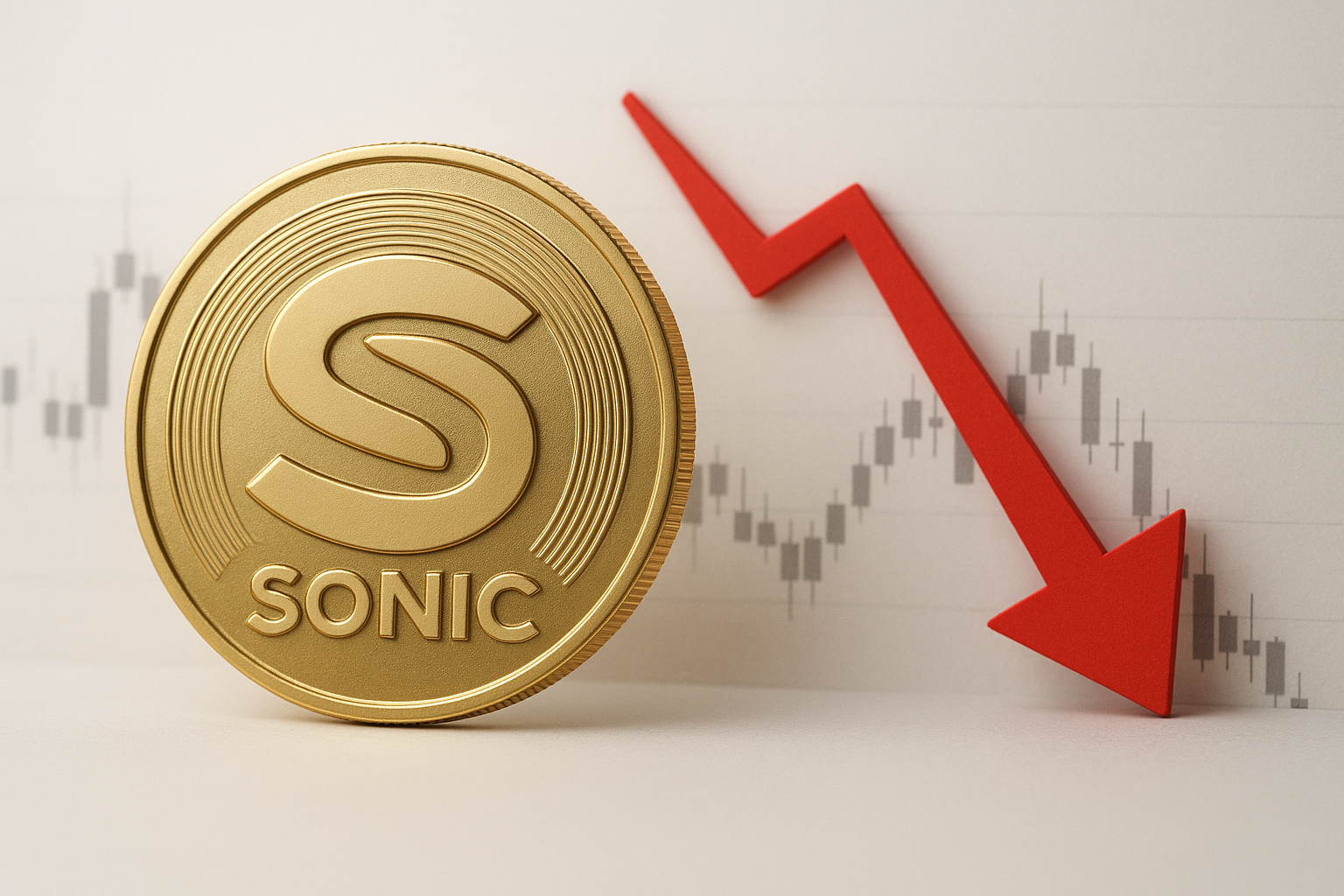 Golden Sonic cryptocurrency coin in front of a candlestick chart with a red arrow pointing sharply downward, symbolizing Sonic’s plunge to a monthly low.