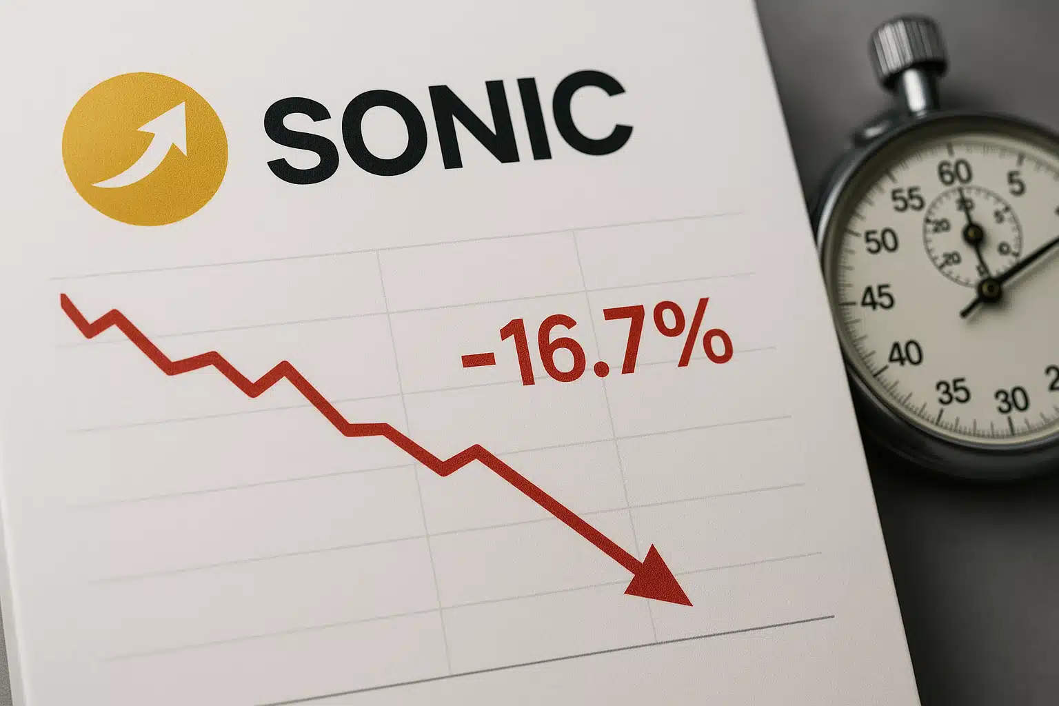 Sonic logo atop a white sheet displaying a red downward-trending line ending at “–16.7%,” with a stopwatch beside it.