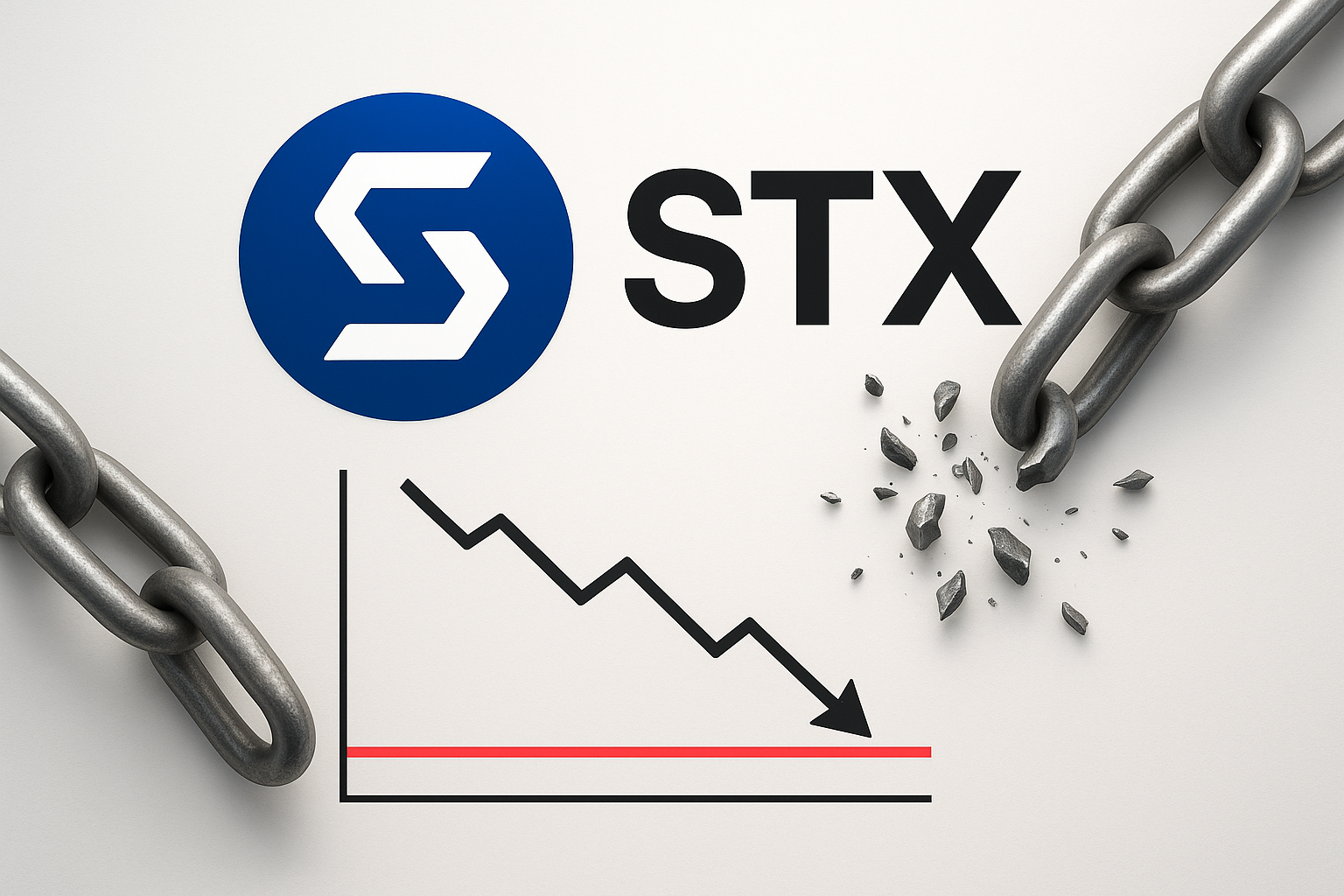 Stacks (STX) logo next to a jagged downward-trending price chart arrow pointing at a red support line, flanked by heavy metal chains with one link shattered into fragments.