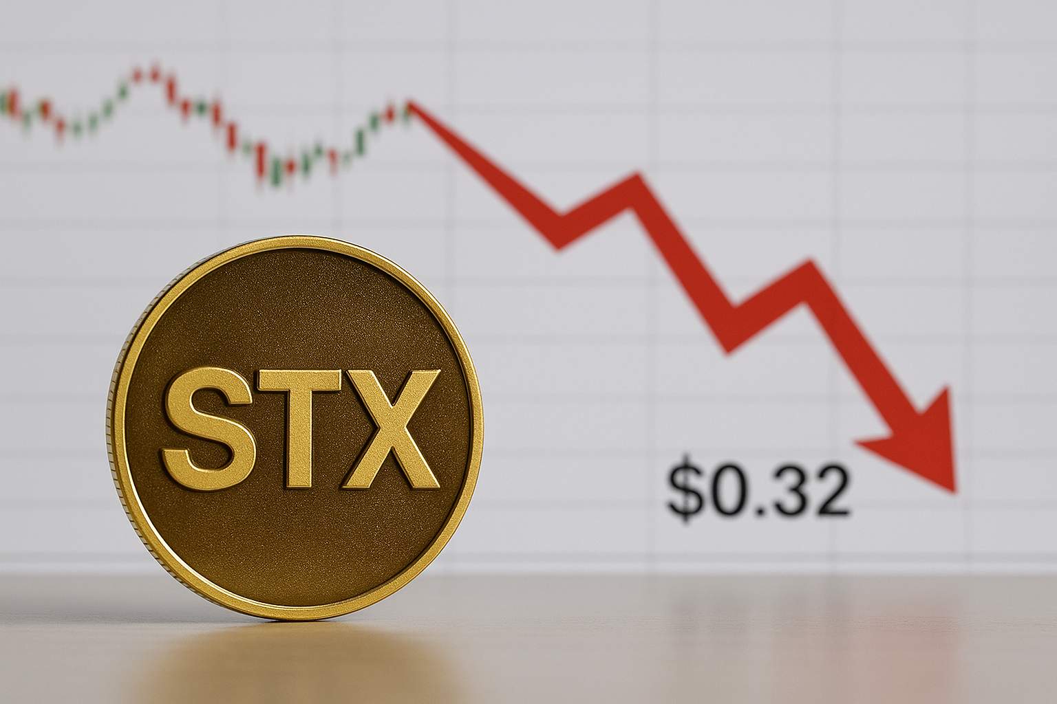 Gold STX coin in front of a price chart with a red downward arrow pointing to $0.32