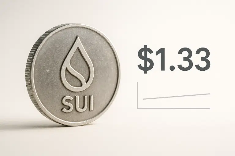 Close-up of a silver SUI cryptocurrency coin bearing a droplet logo, next to a large $1.33 price display and a subtle upward-trending line chart on a light background