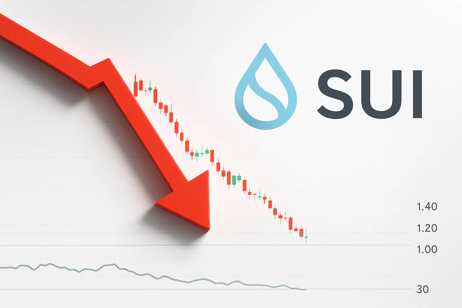Red downward arrow over a candlestick chart showing SUI’s price plunging from around $1.40 to just above $1.00, with the SUI logo to the right, illustrating a 33% weekly drop and oversold RSI below 31.