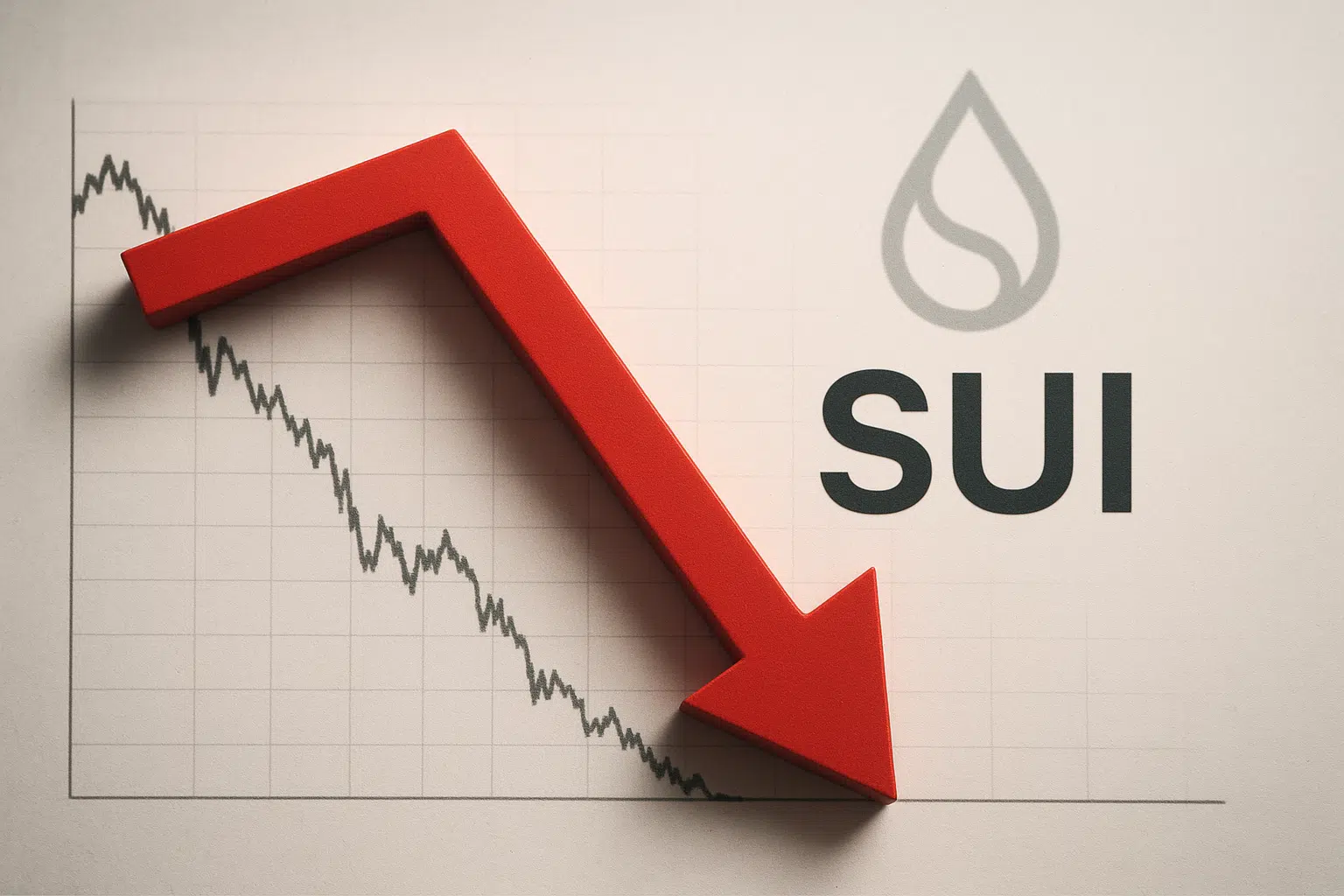 Graph of SUI token’s steep price decline, with a large red downward arrow over a falling line chart and the SUI logo.