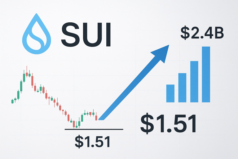 SUI logo above a candlestick price chart dipping to a support line at $1.51, followed by an upward arrow pointing to a bar graph showing stablecoin inflows exceeding $2.4 billion.
