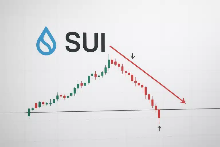 SUI logo above a candlestick chart showing an initial green uptrend followed by red candles sliding down a red descending trendline, with arrows highlighting a drop to and brief bounce off a horizontal support line.