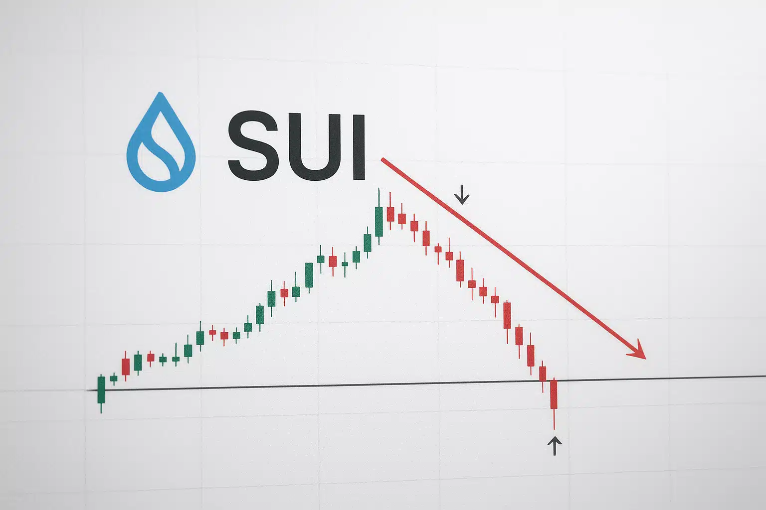 SUI logo above a candlestick chart showing an initial green uptrend followed by red candles sliding down a red descending trendline, with arrows highlighting a drop to and brief bounce off a horizontal support line.