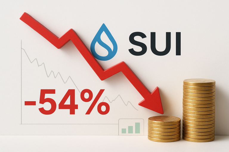 Red jagged arrow pointing sharply downward over the SUI logo and a bold “–54%” beside shrinking stacks of gold coins, illustrating a steep price plunge.