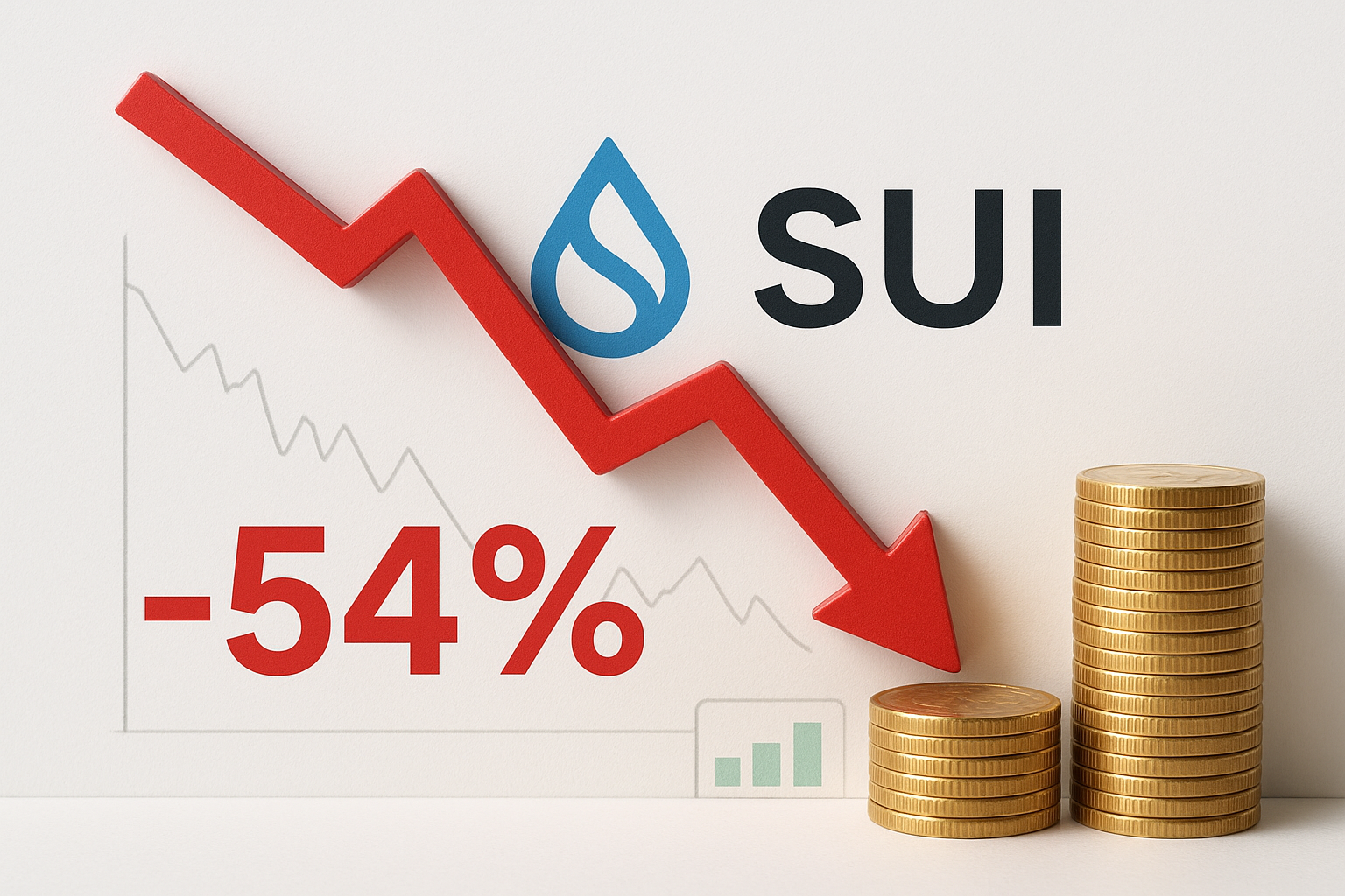 Red jagged arrow pointing sharply downward over the SUI logo and a bold “–54%” beside shrinking stacks of gold coins, illustrating a steep price plunge.