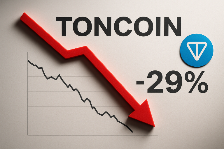 Stylized chart depicting Toncoin’s price plummeting 29%, featuring a bold red downward arrow, a falling line graph, and the Toncoin logo.