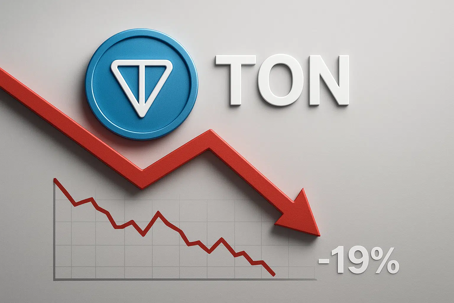 Toncoin logo next to a red descending arrow over a falling line chart marked –19%
