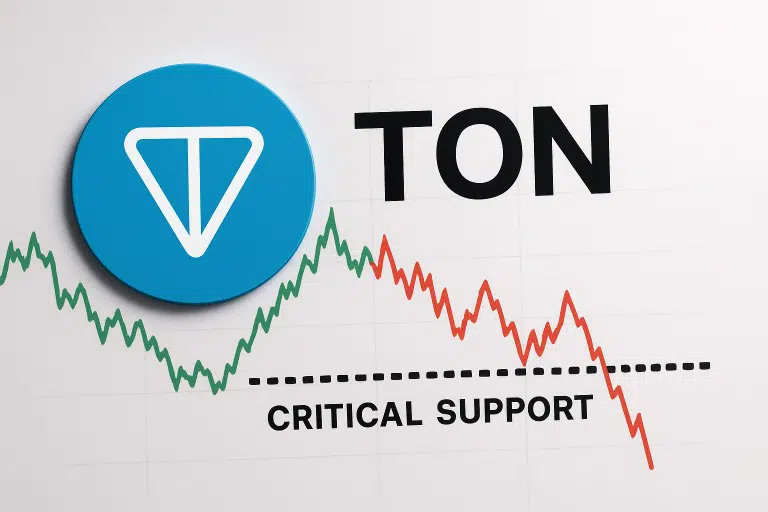 Toncoin blue logo beside bold “TON” text above a price chart showing green gains shifting to red losses as the line breaks below a dotted “CRITICAL SUPPORT” level.