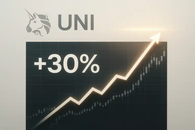Uniswap unicorn logo and “UNI” text above a dark candlestick chart, with a glowing zigzag arrow pointing upward and “+30%” indicating a strong monthly surge