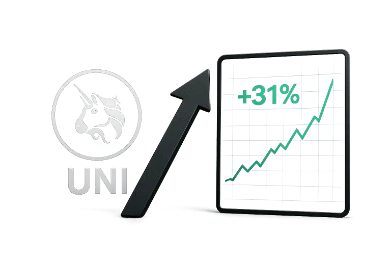 Silver Uniswap UNI token with unicorn logo beside a black upward arrow pointing to a tablet screen showing “+31%” and a rising green line chart.