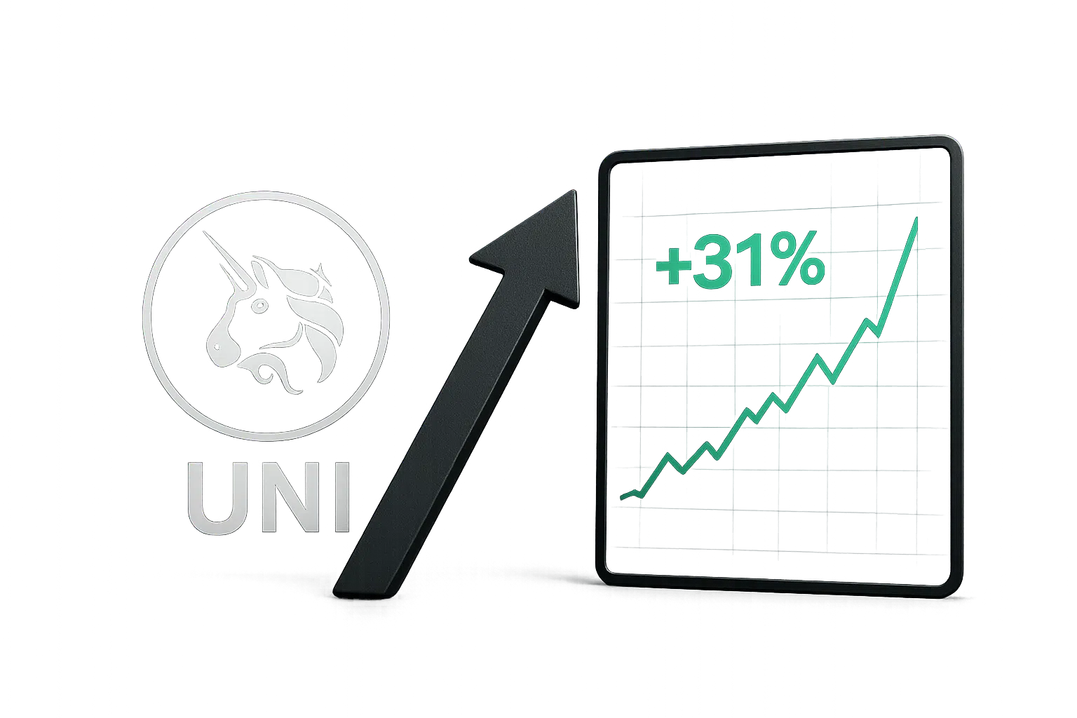Silver Uniswap UNI token with unicorn logo beside a black upward arrow pointing to a tablet screen showing “+31%” and a rising green line chart.