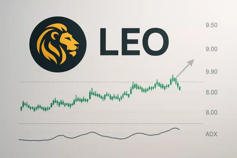 LEO token’s stylized lion logo beside a green candlestick chart consolidating around the $9 level, a dotted resistance line at $9, a rising gray arrow pointing higher, and an ADX indicator line along the bottom.