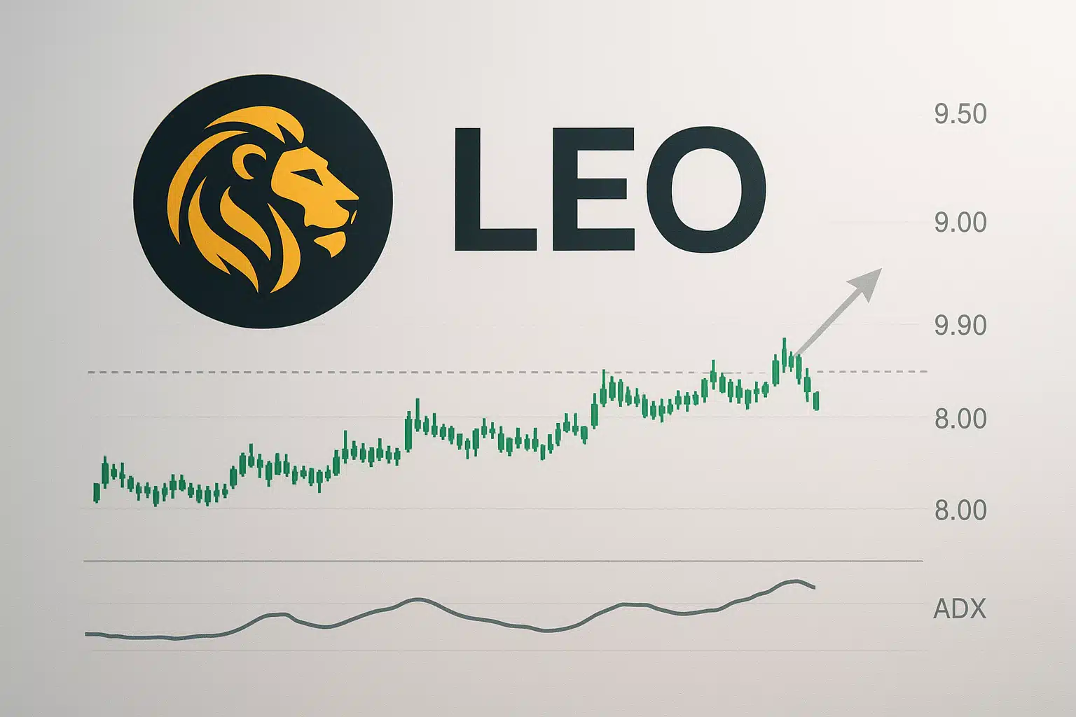 LEO token’s stylized lion logo beside a green candlestick chart consolidating around the $9 level, a dotted resistance line at $9, a rising gray arrow pointing higher, and an ADX indicator line along the bottom.