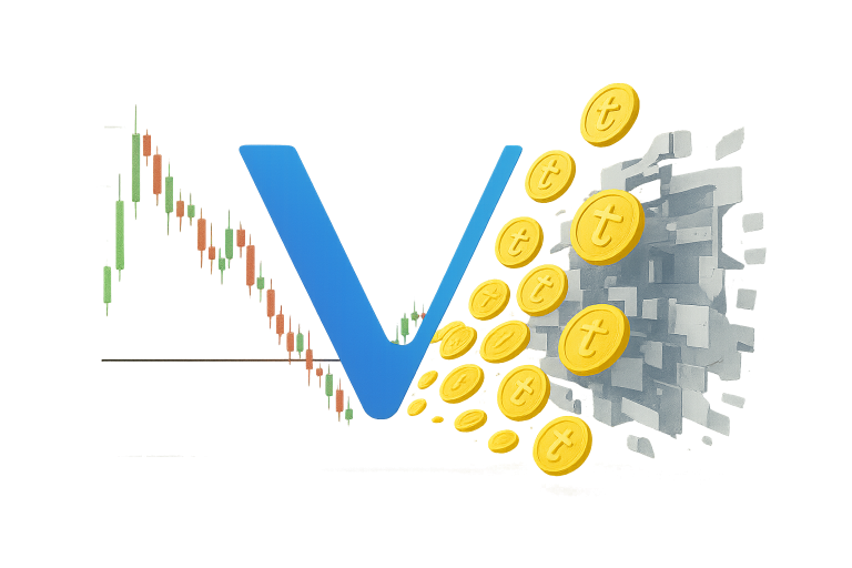 A large blue VeChain “V” logo superimposed on a descending red-and-green candlestick chart, with stacks of yellow VeChain coins spilling out of a gray, blocky blockchain structure