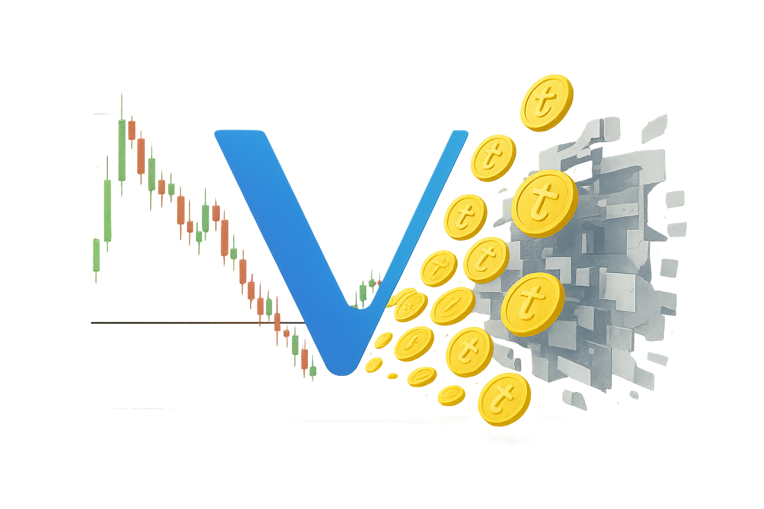 A large blue VeChain “V” logo superimposed on a descending red-and-green candlestick chart, with stacks of yellow VeChain coins spilling out of a gray, blocky blockchain structure