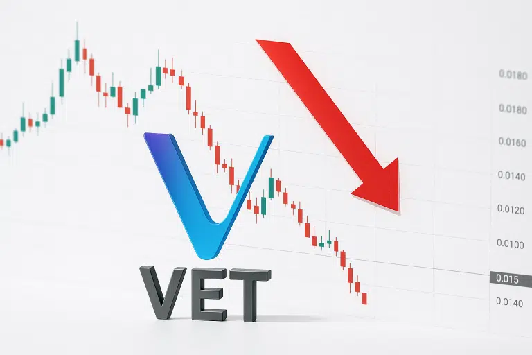VeChain V logo and VET symbol in front of a descending candlestick chart and large red down arrow, illustrating price testing critical support around $0.015.