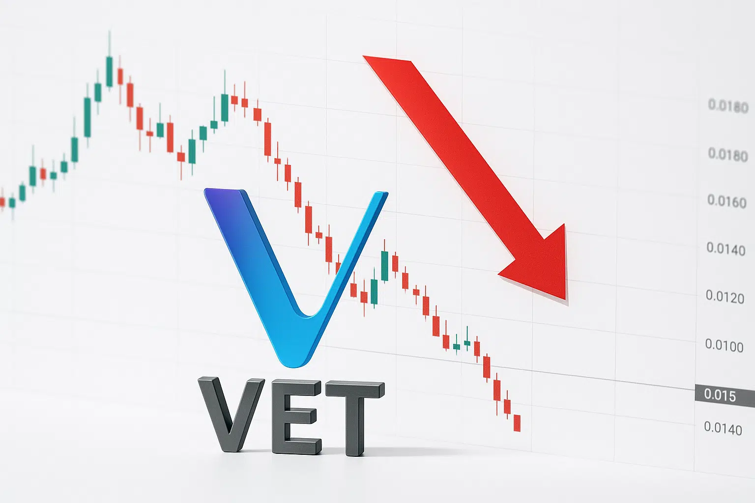 VeChain V logo and VET symbol in front of a descending candlestick chart and large red down arrow, illustrating price testing critical support around $0.015.
