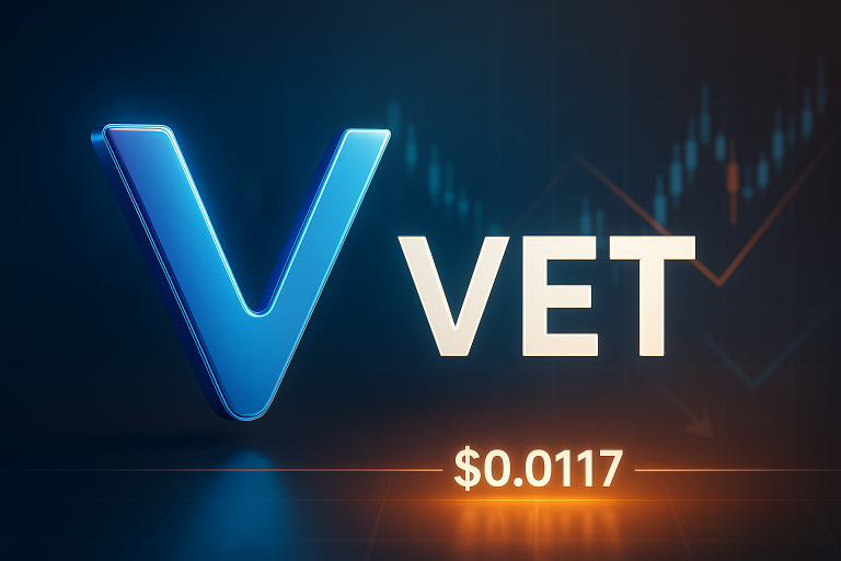 3D-rendered VeChain “VET” logo in blue and white over a dark candlestick chart background, with the price $0.0117 highlighted at the bottom.