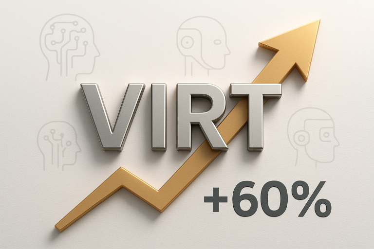 3D silver letters spelling “VIRT” with a gold ascending arrow and “+60%” on a light background featuring faint circuit-style AI head icons