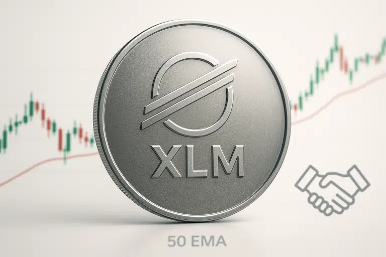 A silver XLM (Stellar Lumens) coin in front of a green and red candlestick price chart, with a handshake icon and “50 EMA” label below