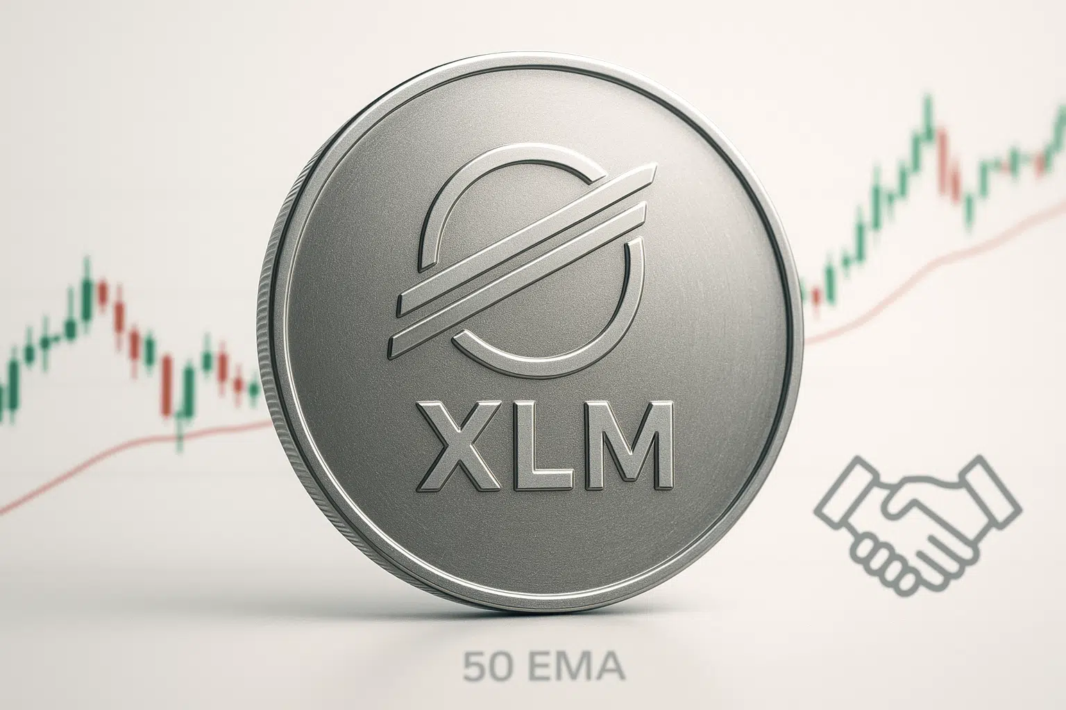 A silver XLM (Stellar Lumens) coin in front of a green and red candlestick price chart, with a handshake icon and “50 EMA” label below