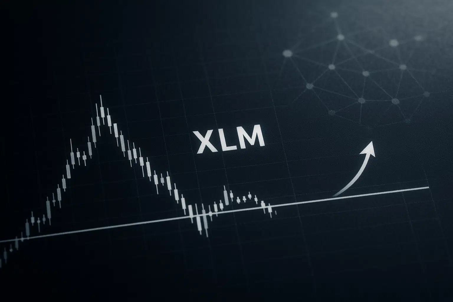 Dark-themed chart displaying Stellar Lumens (XLM) candlestick price action testing a key horizontal support line, with an upward arrow indicating potential recovery and a faint network node graphic in the background.
