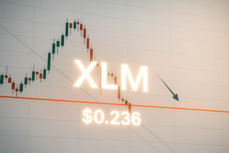 Stylized candlestick chart of XLM price showing a recent decline testing the critical $0.236 support line marked in orange, with a downward arrow indicating bearish pressure.
