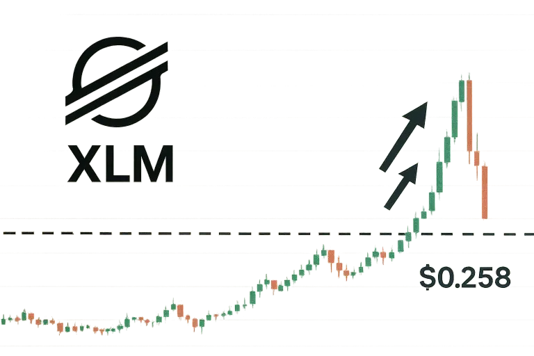 Stellar (XLM) logo above a candlestick price chart testing the $0.258 support level, with a dashed horizontal line and upward arrows highlighting bullish momentum.