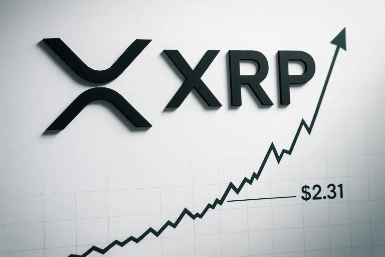Black 3D XRP logo and lettering on a white grid background with a jagged upward-trending line chart surpassing the $2.31 level