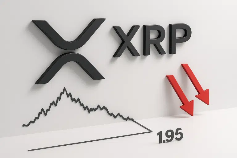 XRP logo and ticker with a jagged price chart plunging to the $1.95 level and two red downward arrows, symbolizing XRP testing key support as ETF launch momentum fades