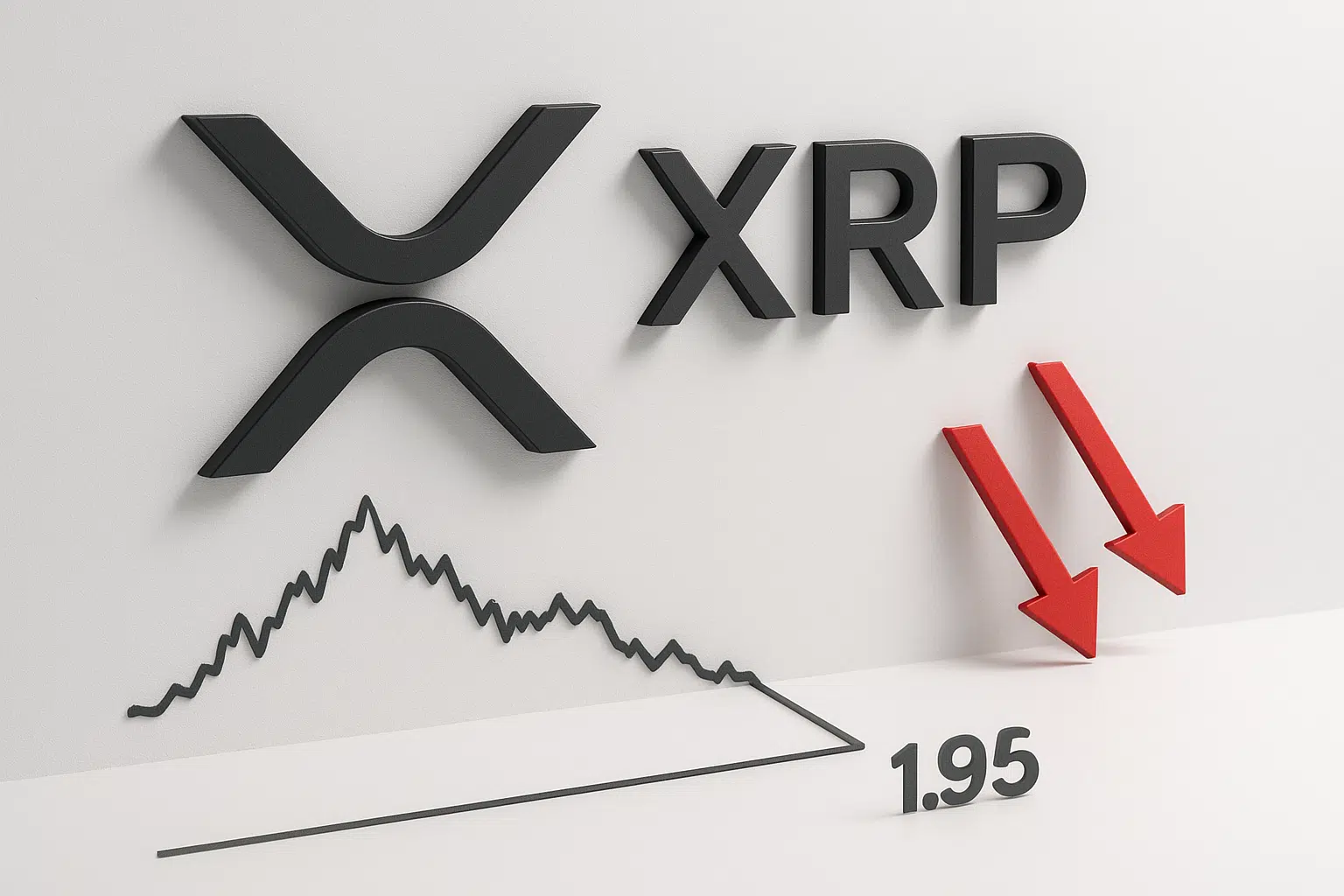 XRP logo and ticker with a jagged price chart plunging to the $1.95 level and two red downward arrows, symbolizing XRP testing key support as ETF launch momentum fades