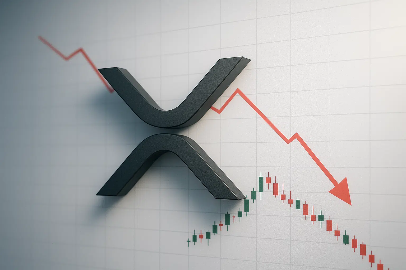 Black XRP symbol superimposed on a grid chart background, with a red downward arrow and falling red and green candlestick bars indicating a price decline.