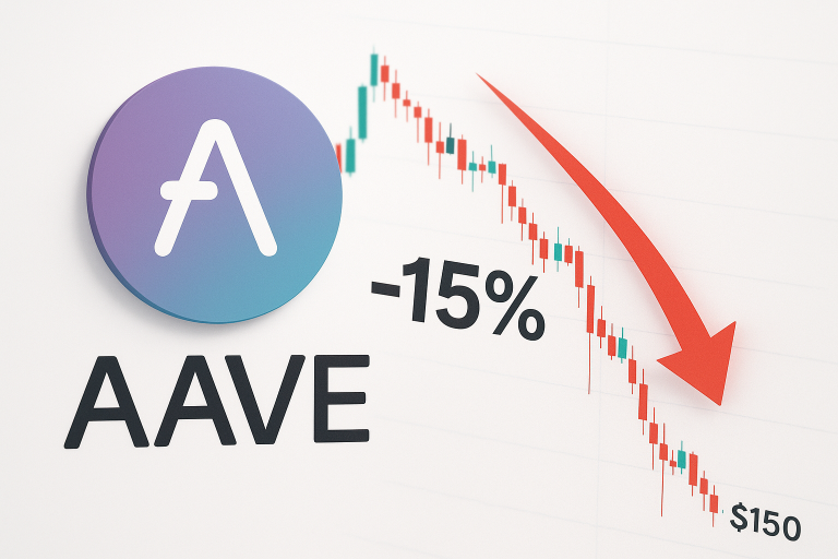 Aave logo beside a downward-trending candlestick chart marked “-15%” and “$150” with a bold red arrow pointing downwards