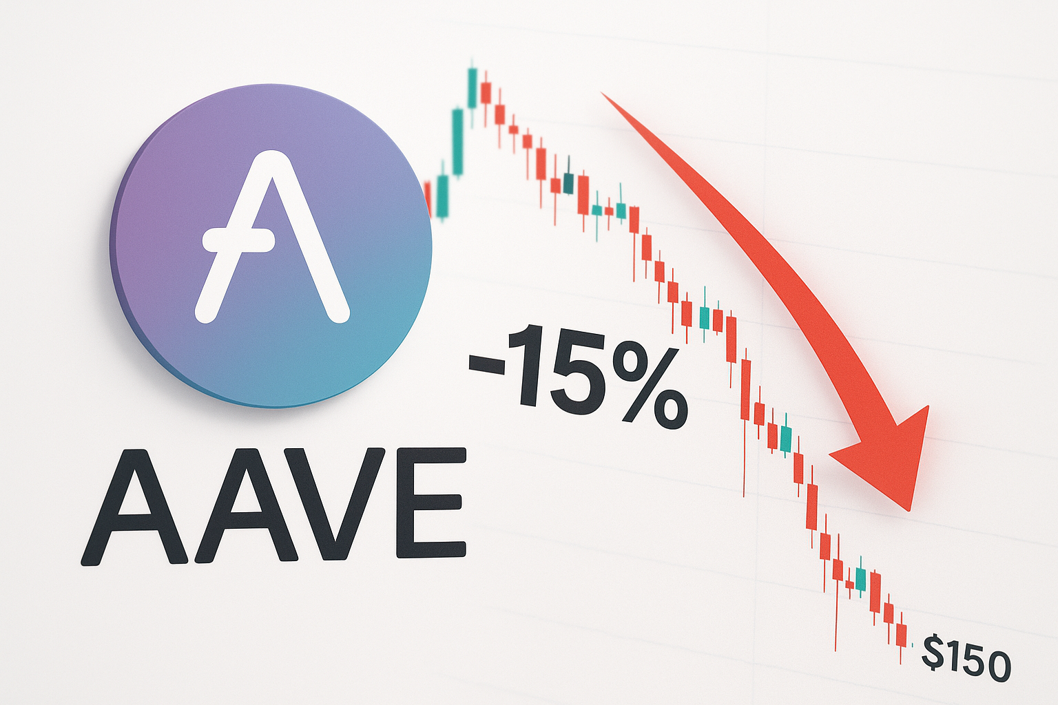 Aave logo beside a downward-trending candlestick chart marked “-15%” and “$150” with a bold red arrow pointing downwards