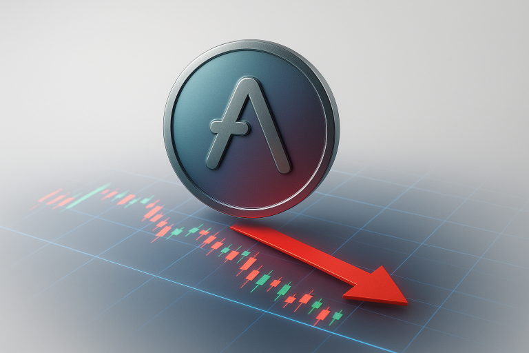 Metallic AAVE token hovering above a red downward arrow on a declining candlestick chart, illustrating price testing critical support amid DAO governance drama