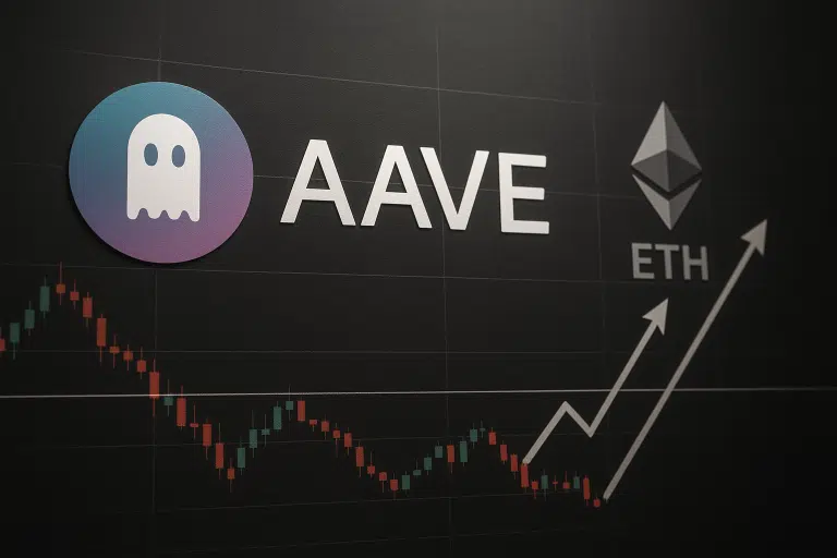 Dark trading chart with red and green candlesticks sloping downward toward a white horizontal support line, overlaid by upward-pointing arrows forecasting a rebound. Aave’s ghost logo and “AAVE” appear on the left, and the Ethereum symbol with “ETH” sits on the right.