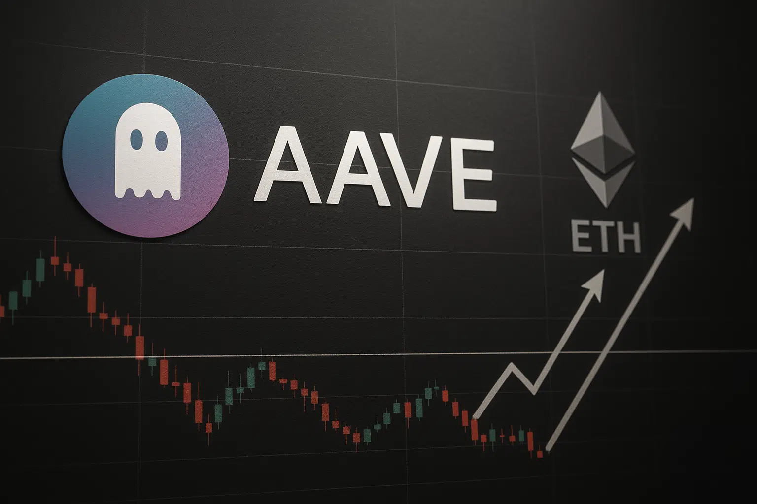 Dark trading chart with red and green candlesticks sloping downward toward a white horizontal support line, overlaid by upward-pointing arrows forecasting a rebound. Aave’s ghost logo and “AAVE” appear on the left, and the Ethereum symbol with “ETH” sits on the right.