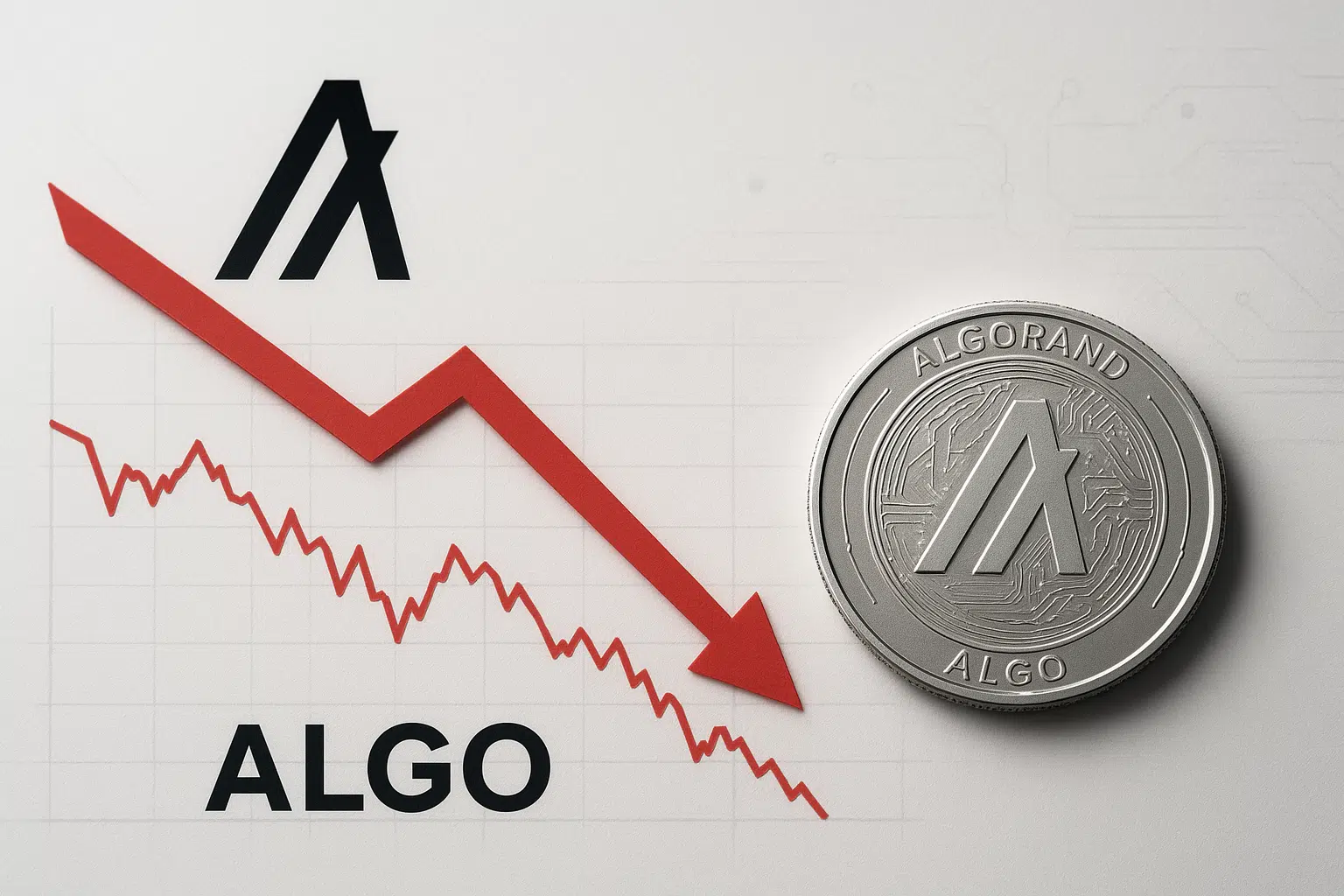 Silver Algorand ALGO coin beside a red downward arrow and a falling price chart on a grid background, illustrating ALGO plunging below December lows.