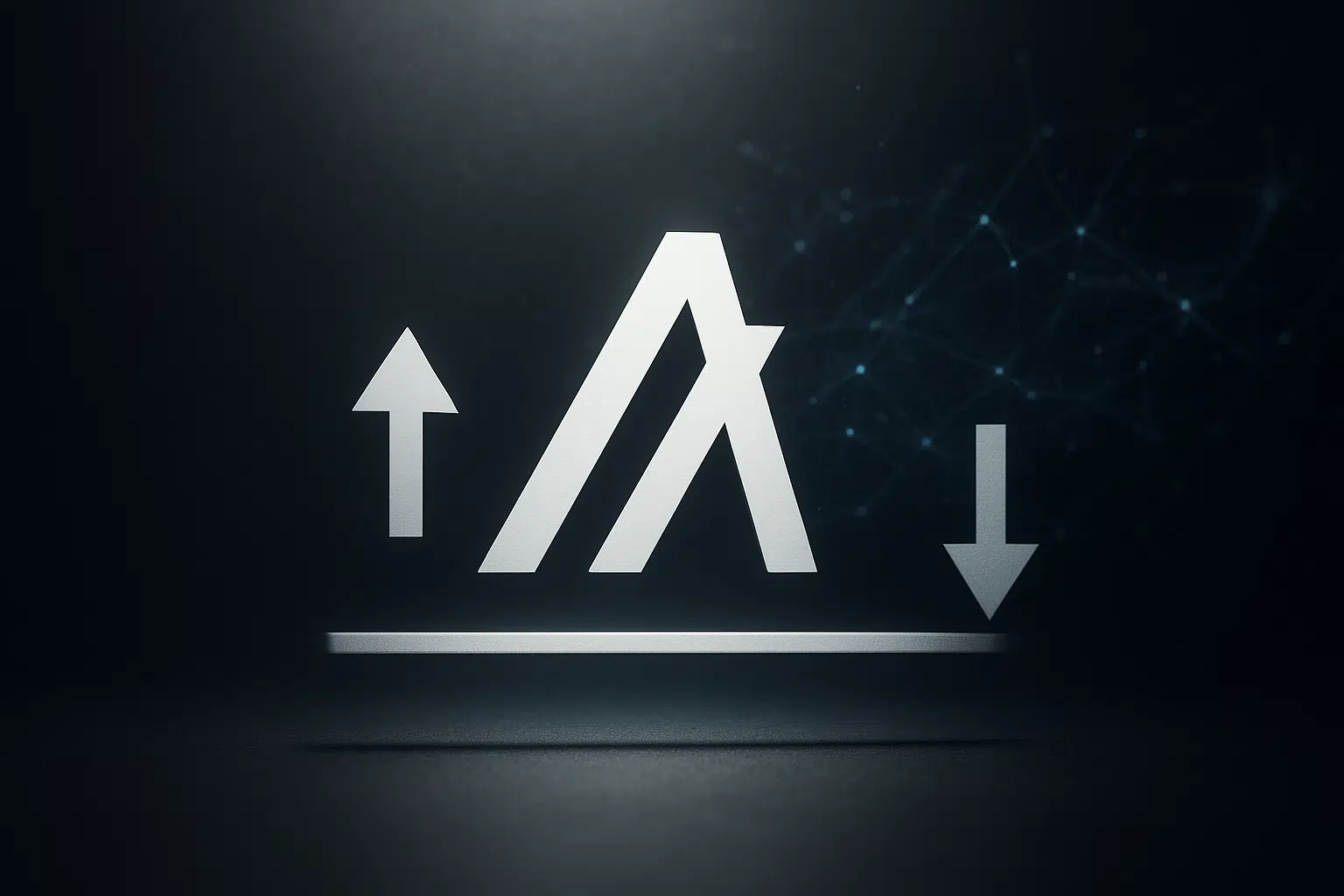 The Algorand logo hovering above a horizontal support line with an upward arrow on the left and a downward arrow on the right against a dark, networked digital background.