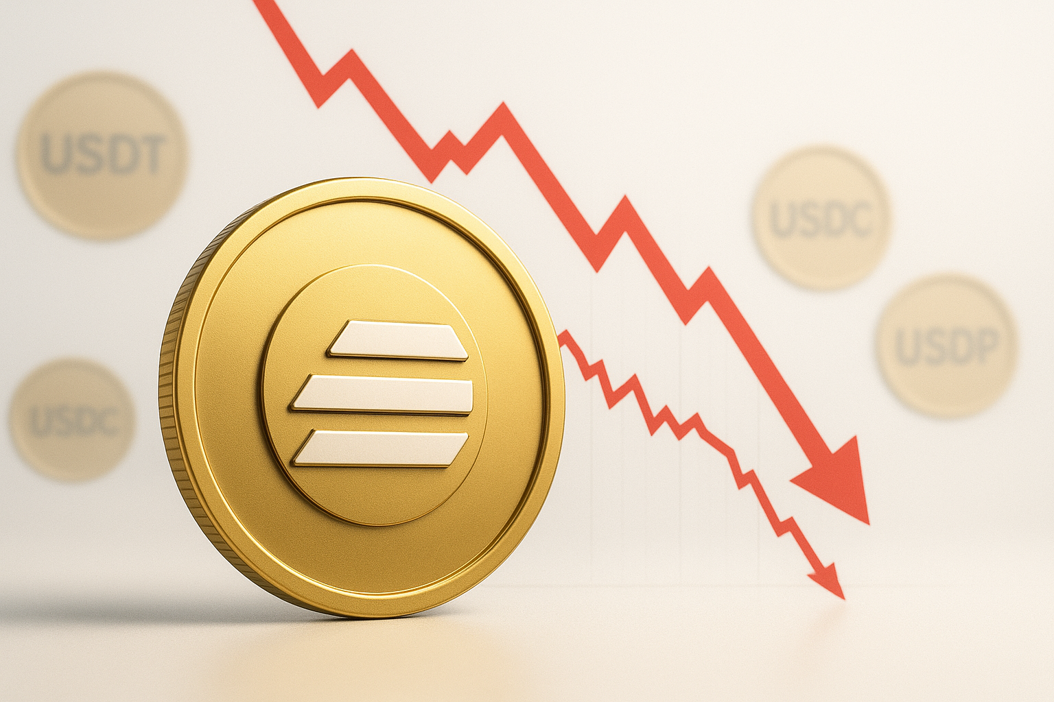 3D gold Aptos coin with red downward-sloping arrow graph and blurred USDT, USDC and USDP coins in the background illustrating a 13% APT price plunge amid stablecoin momentum concerns