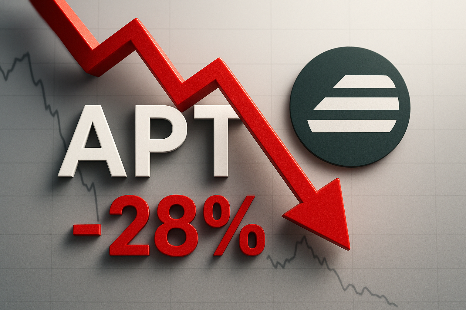 White “APT” text and circular token logo against a grey grid chart background, overlaid by a red zigzag arrow pointing sharply downward and a bold “-28%” illustrating a steep price plunge.